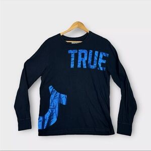 True Religion T Shirt Mens Large Black Long Sleeve Shirt Spell Out Big Logo Y2K